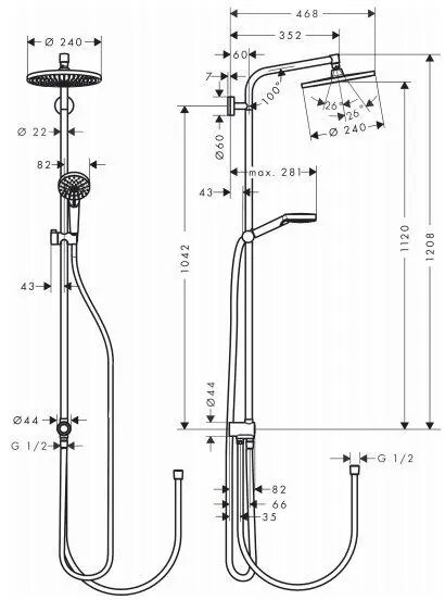 Габаритная схема Душевая стойка Hansgrohe Crometta S EcoSmart 27270000