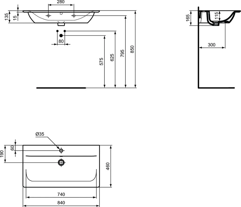 Габаритная схема Раковина Ideal Standard Connect Air Vanity E027901 80 см