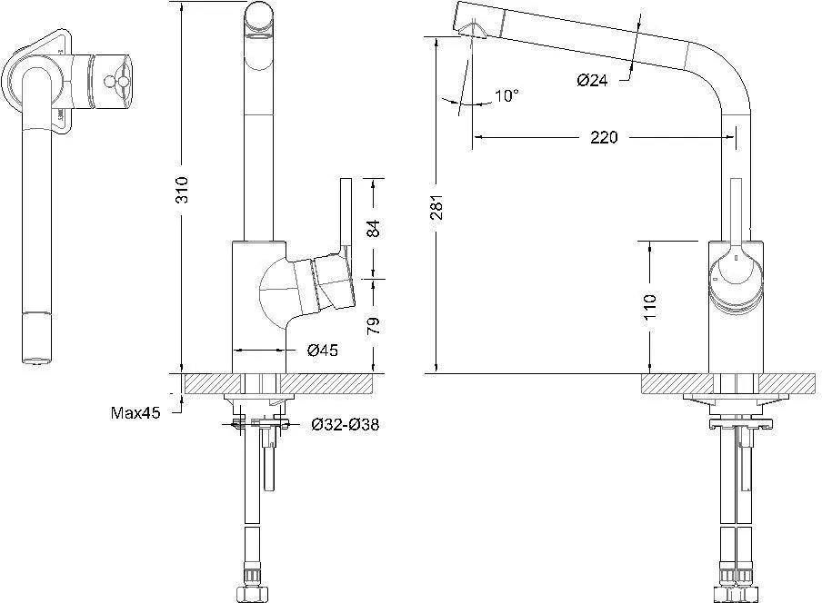 Габаритная схема Смеситель Bravat Palace F7172217CP-1-RUS для кухонной мойки