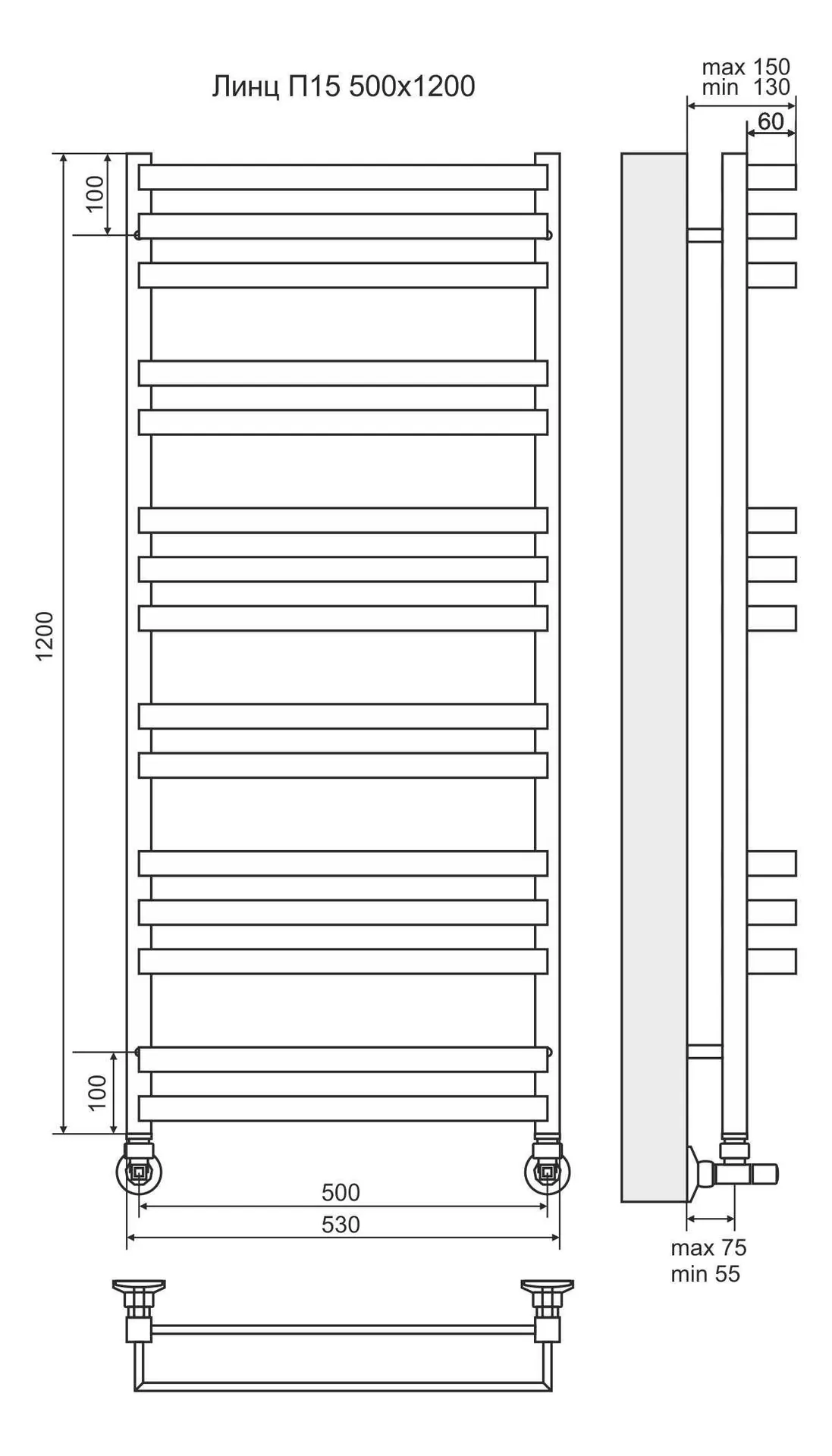 Габаритная схема Полотенцесушитель водяной Terminus Линц П15 50х120