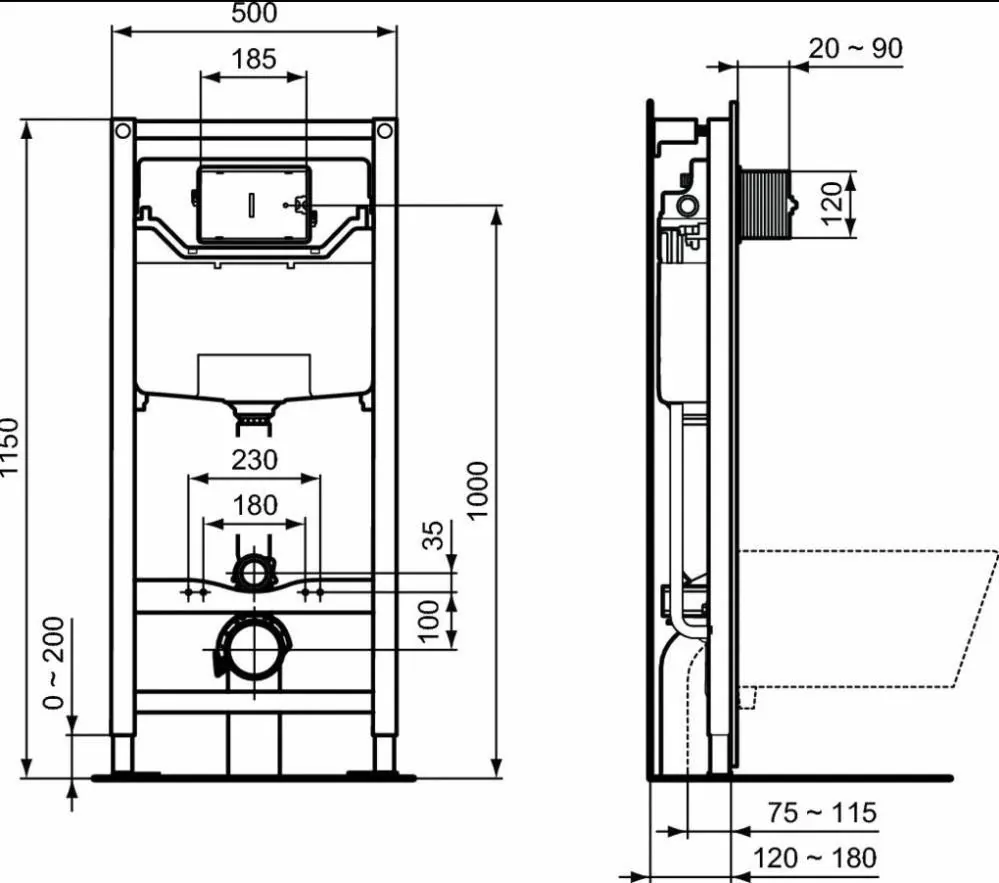 Габаритная схема Комплект Ideal Standard Exacto X042601 (подвесной унитаз + инсталляция + сиденье)