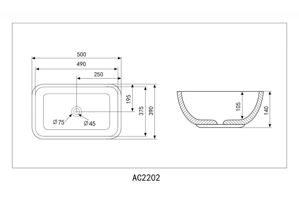 Габаритная схема Раковина Abber Rechteck AC2202MBE