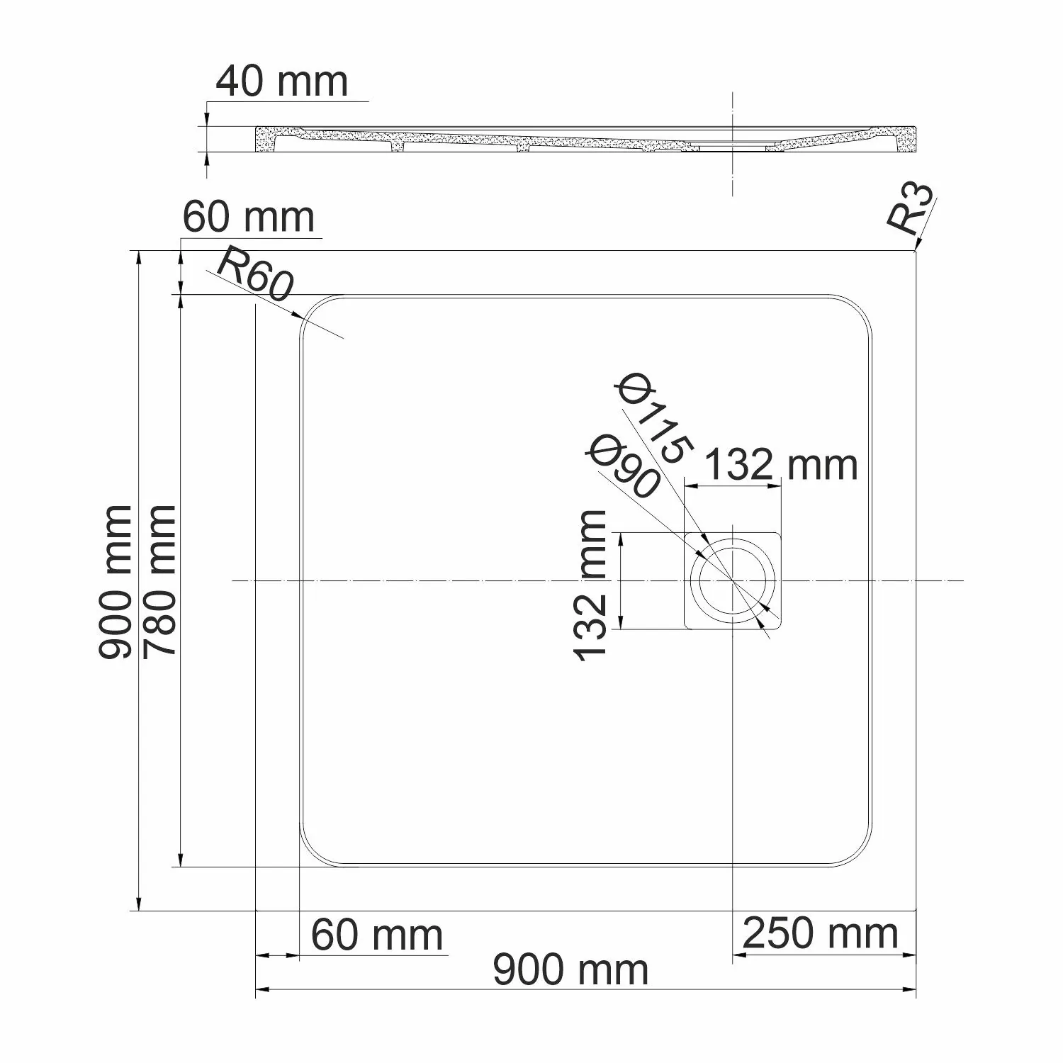Габаритная схема Поддон для душа Wasserkraft Rhin 44T03 90x90