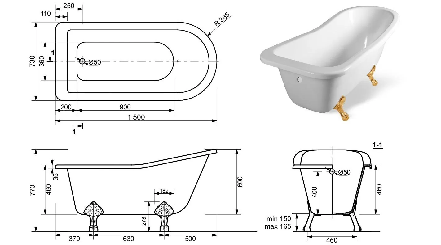 Габаритная схема Ванна из искусственного камня Эстет Царская 150x73 ФР-00001653