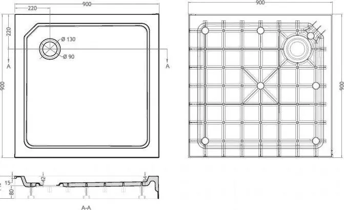 Габаритная схема Поддон для душа Cezares Tray SMC A 90x90 см