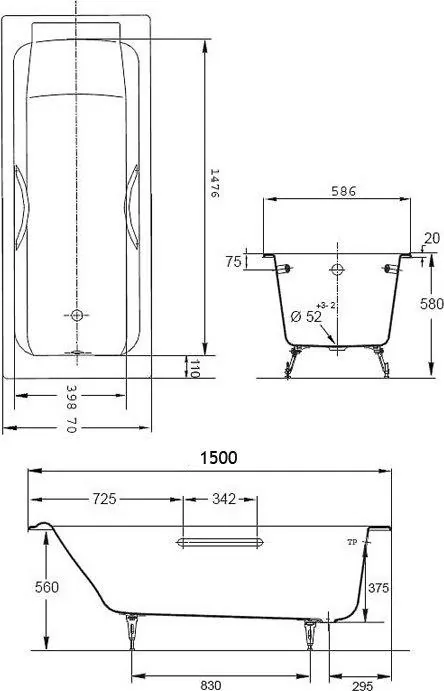 Габаритная схема Чугунная ванна Jacob Delafon Parallel 150x70 с отверстиями для ручек