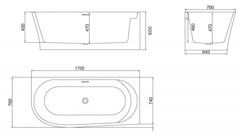 Габаритная схема Акриловая ванна BelBagno BB410-1700-780-R 170х78