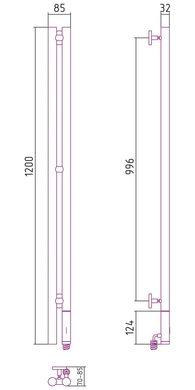 Габаритная схема Полотенцесушитель электрический Сунержа Нюанс 120 R мятно-бирюзовый