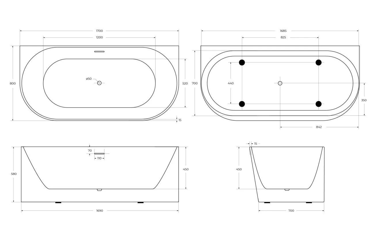 Габаритная схема Акриловая ванна BelBagno BB412-1700-800 170х80