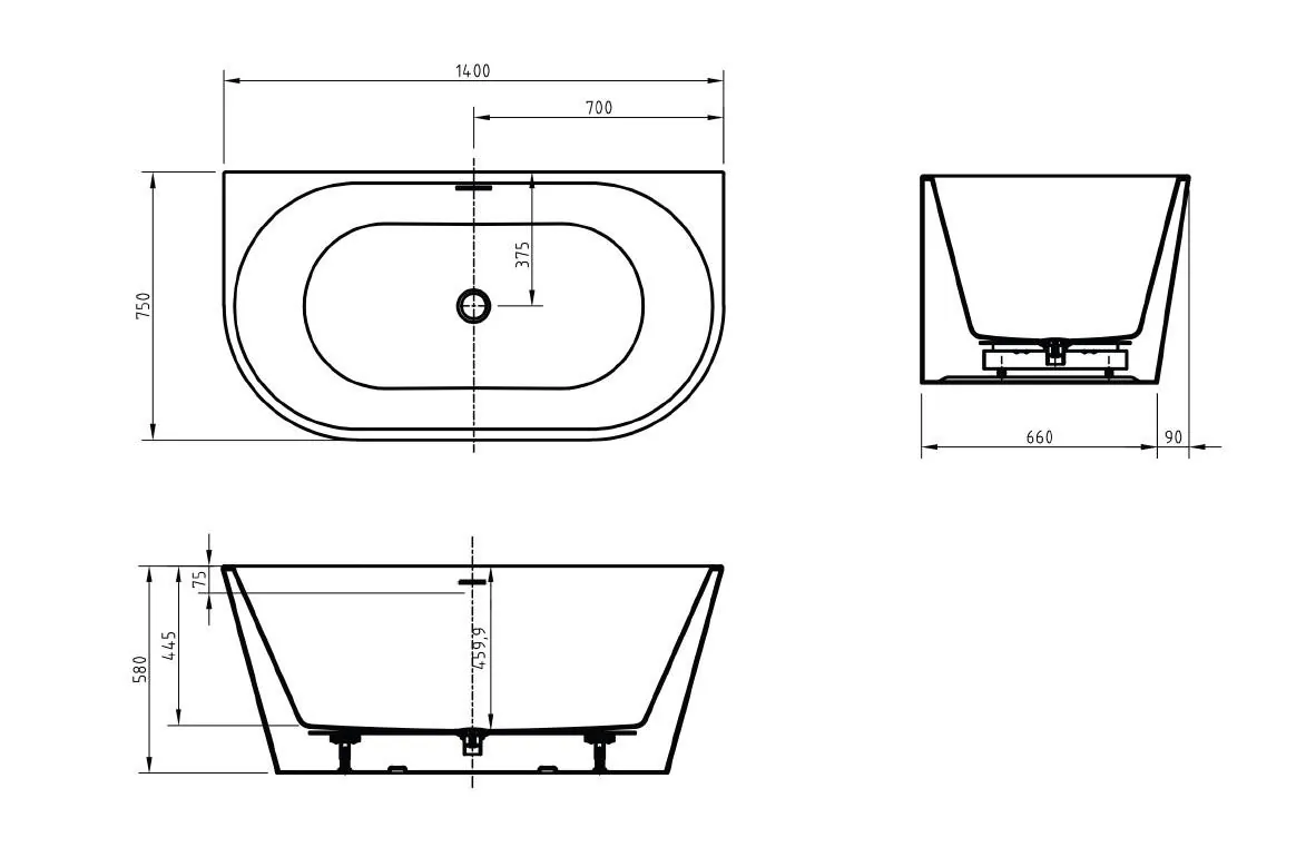 Габаритная схема Акриловая ванна BelBagno BB710-1400-750 140x75