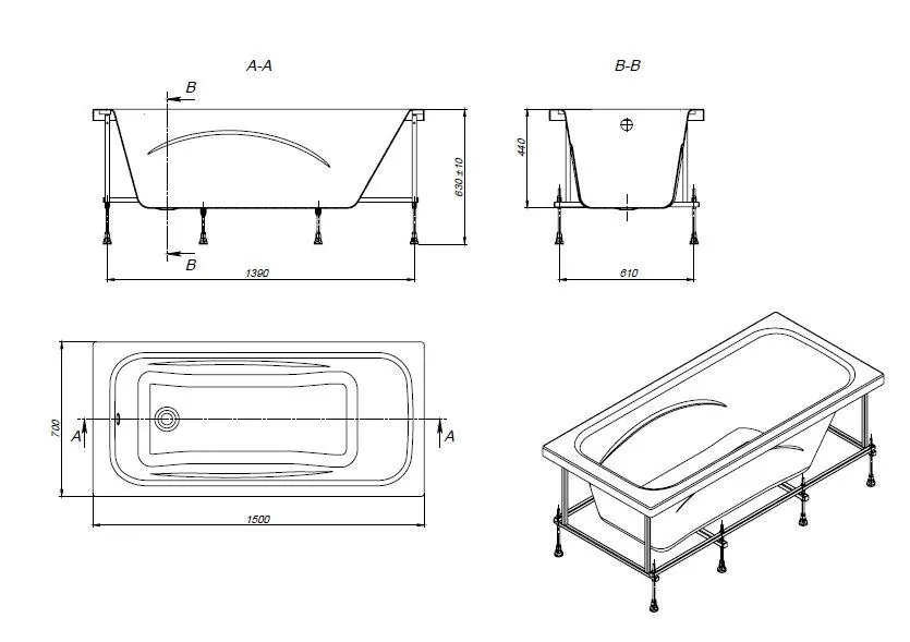 Габаритная схема Акриловая ванна Roca Line 150x70