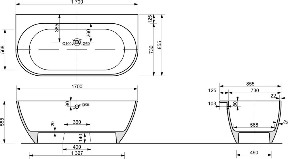 Габаритная схема Ванна из искусственного камня Эстет Майами 170x85 ФР-00010630