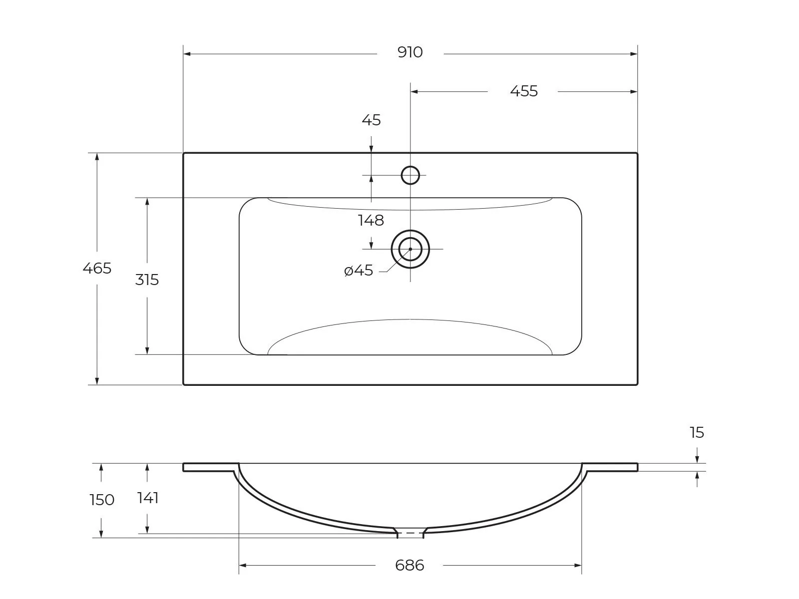 Габаритная схема Мебельная раковина BelBagno BB910/465-LV-VTR-BO 90 см