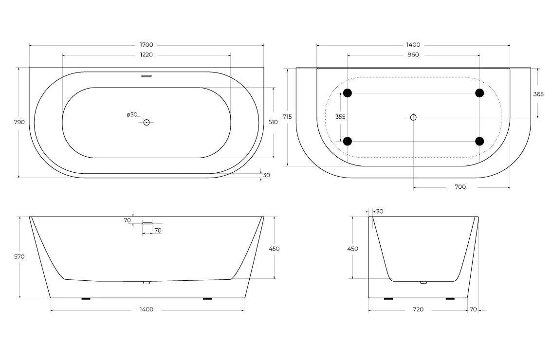 Габаритная схема Акриловая ванна BelBagno BB710-1700-800 170x80