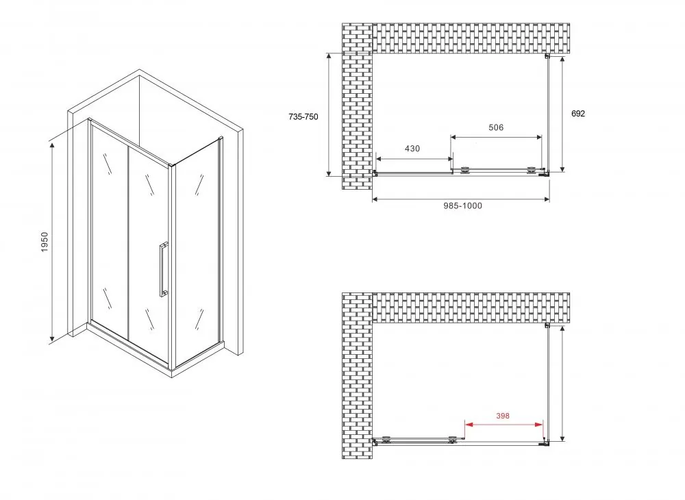 Габаритная схема Душевой уголок Abber Schwarzer Diamant AG30100H-S75 100x75