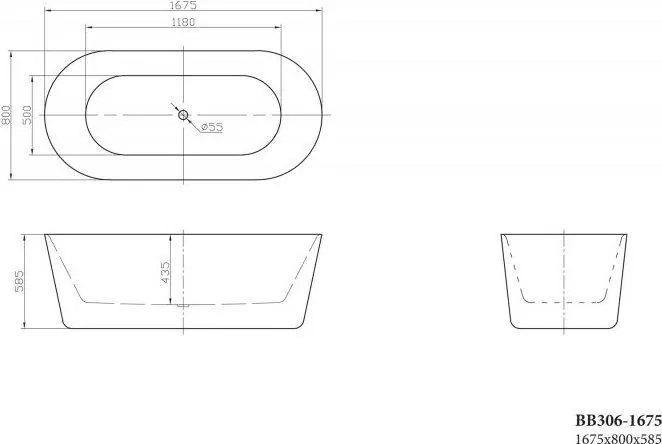 Габаритная схема Акриловая ванна BelBagno BB306-1675 170х80