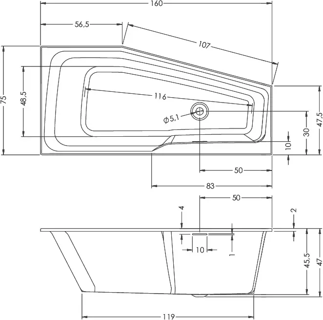 Габаритная схема Акриловая ванна Riho Rething Space 160x75 L
