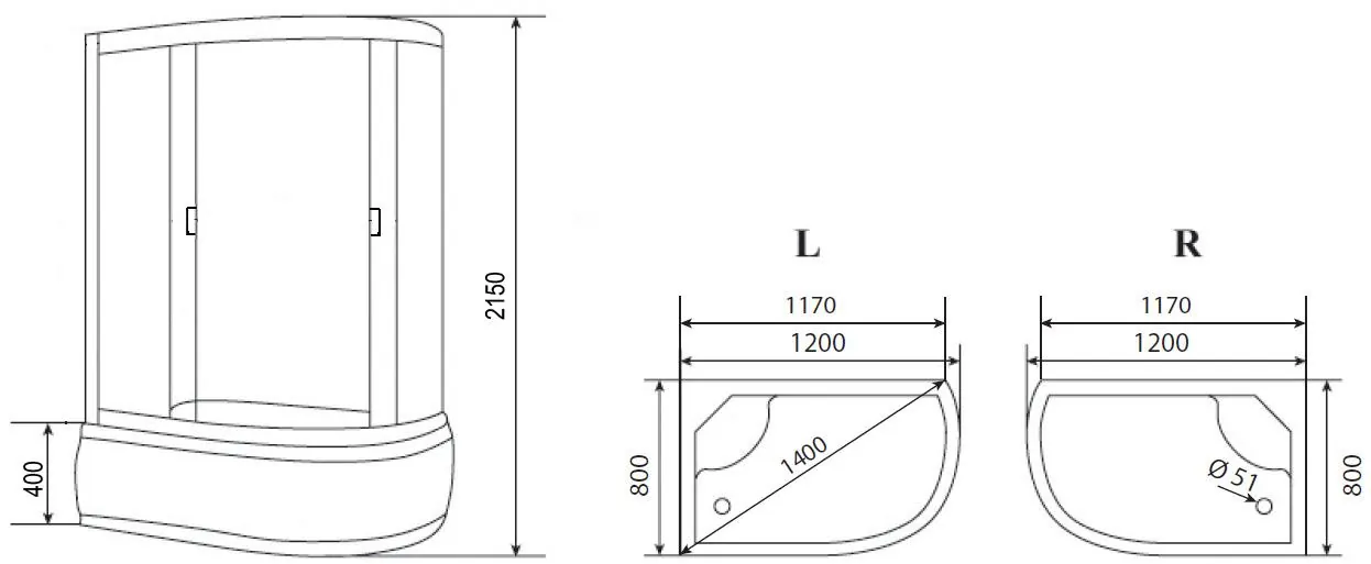 Габаритная схема Душевая кабина Loranto Sunway CS66120LG12080215 L