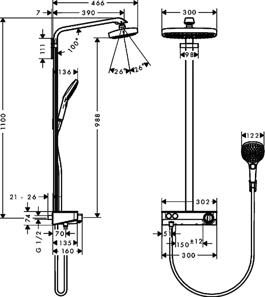 Габаритная схема Душевая стойка Hansgrohe Raindance Select E 27126000
