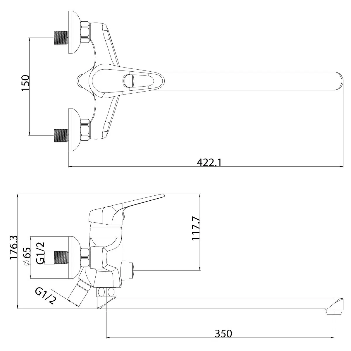 Габаритная схема Смеситель Lemark Luna LM4157C для ванны с душем