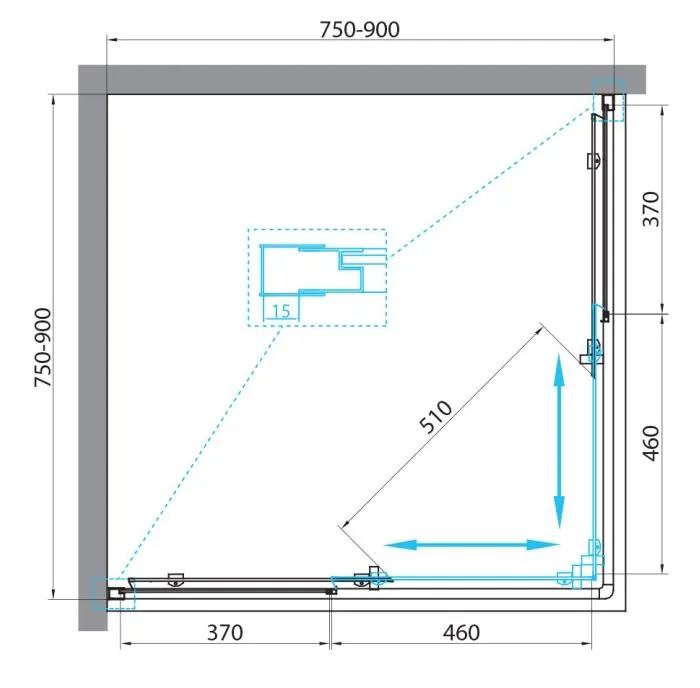 Габаритная схема Душевой уголок BelBagno Unique A-2-75/90-P-Cr