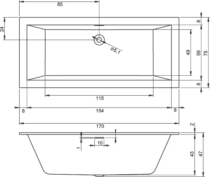 Габаритная схема Акриловая ванна Riho Rething Cubic 170х75