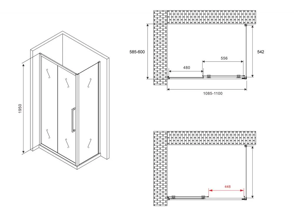 Габаритная схема Душевой уголок Abber Schwarzer Diamant AG30110MH-S60M 110x60