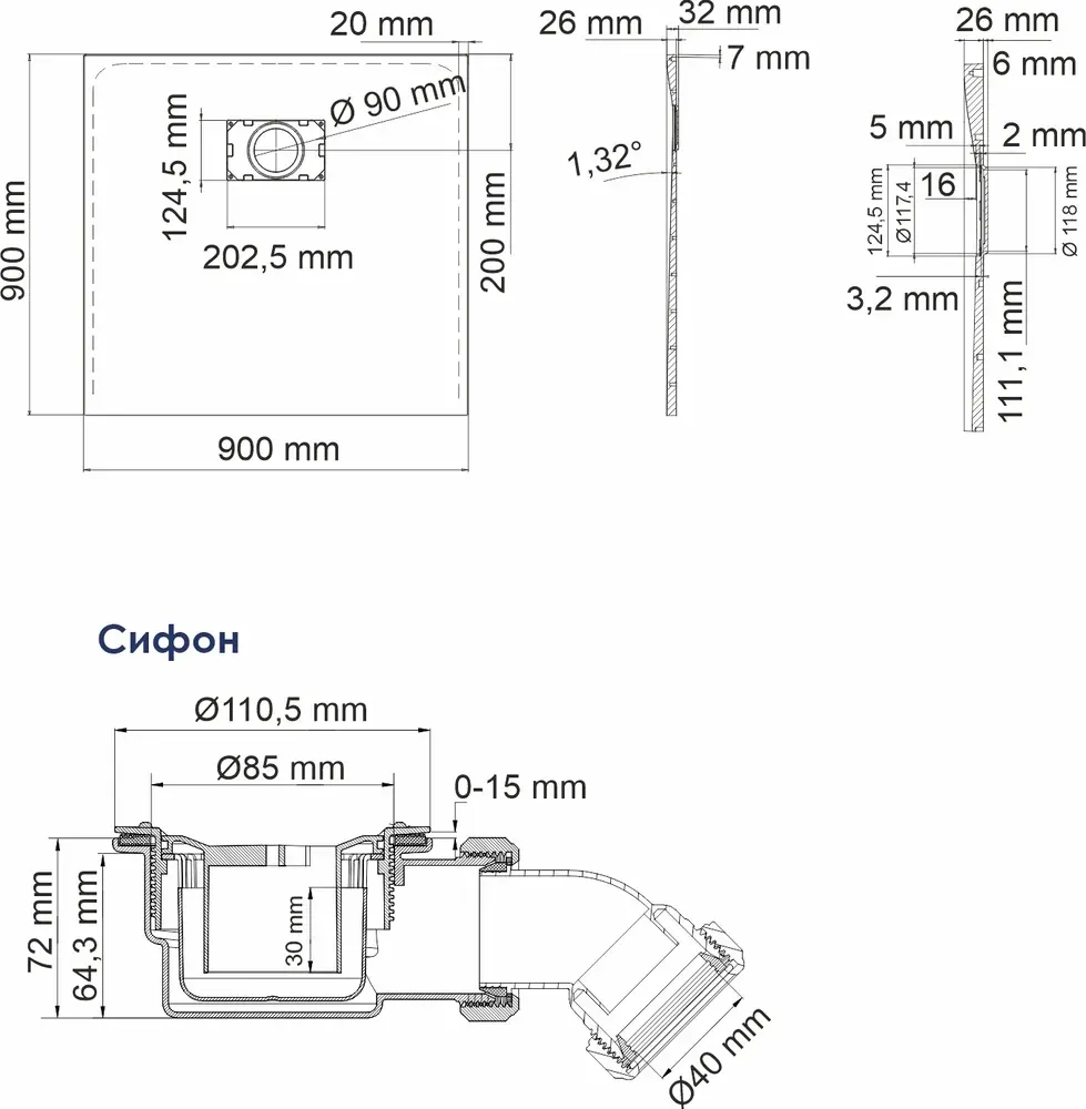 Габаритная схема Поддон для душа Wasserkraft Elbe 74T03 90x90 см