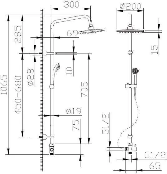Габаритная схема Душевая стойка Bravat FIT-R D283CP-2-RUS