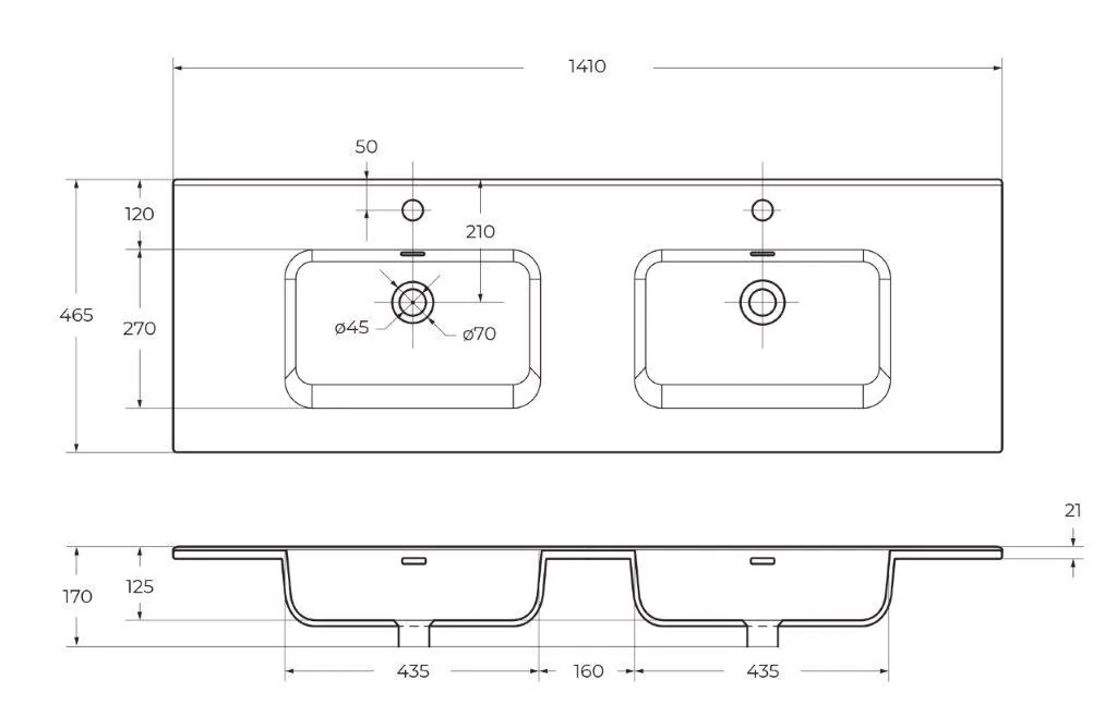 Габаритная схема Мебельная раковина BelBagno BB1400-2-ETL 140 см