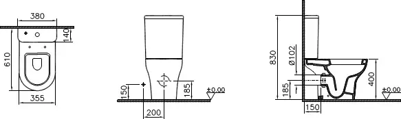 Габаритная схема Унитаз-компакт Vitra Zentrum 9012B003-7204 с микролифтом