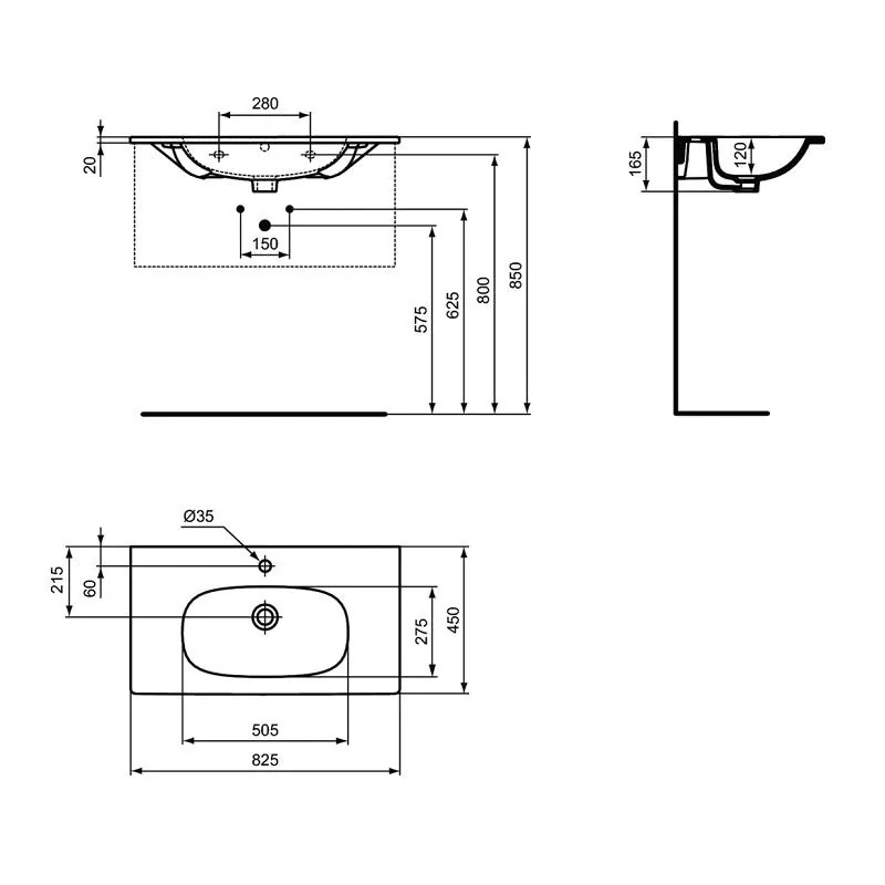 Габаритная схема Раковина Ideal Standard Tesi Vanity T3509V1 80 см
