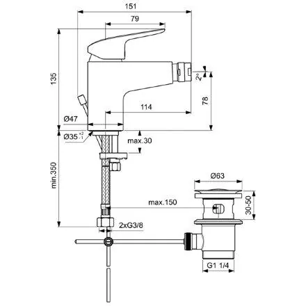 Габаритная схема Смеситель Ideal Standard Ceraflex B1718AA для биде