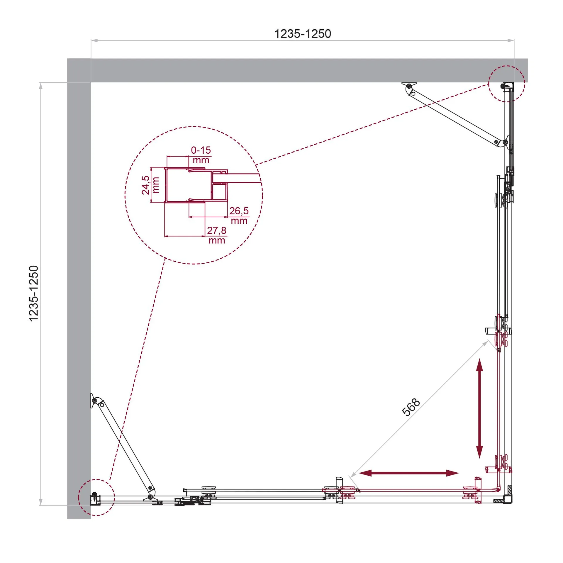 Габаритная схема Душевой уголок BelBagno Luce A-22-100+25-C-Cr