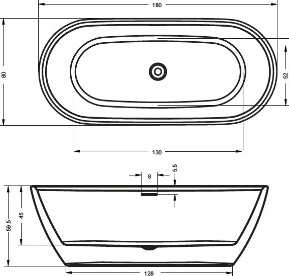 Габаритная схема Акриловая ванна Riho Inspire FS BD0200500000000 180x80