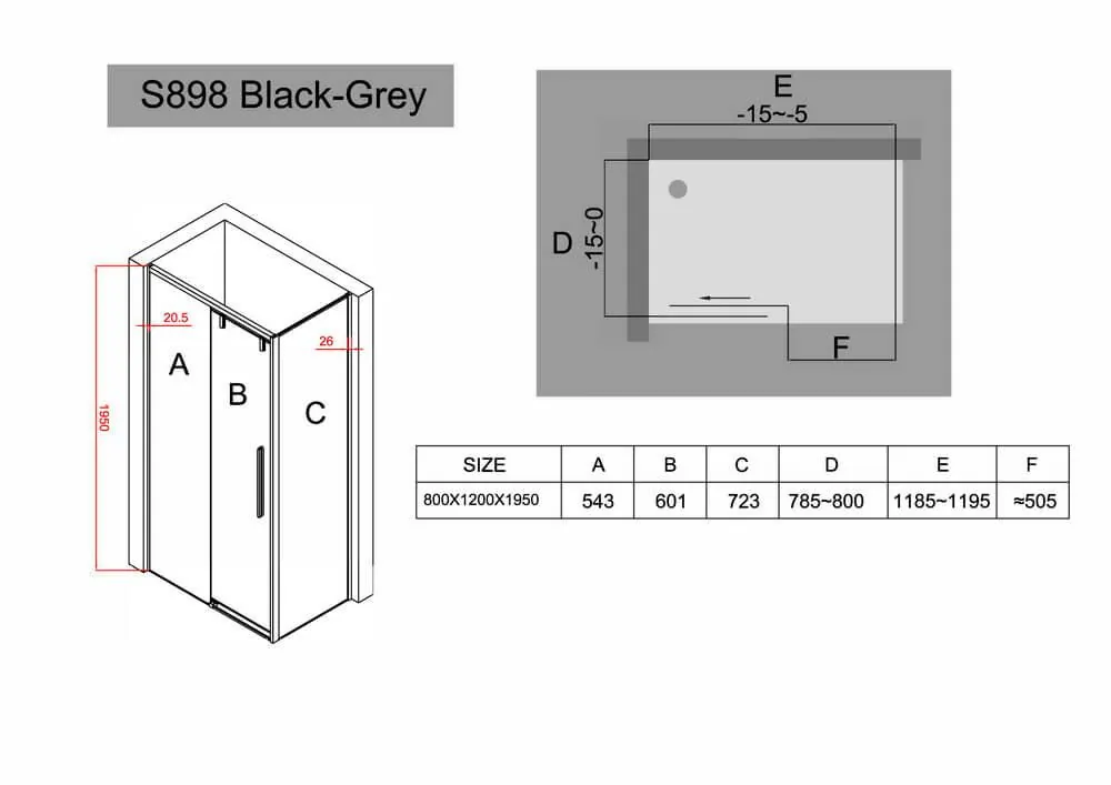 Габаритная схема Душевой уголок Black&White Stellar Wind S898 120х80 см