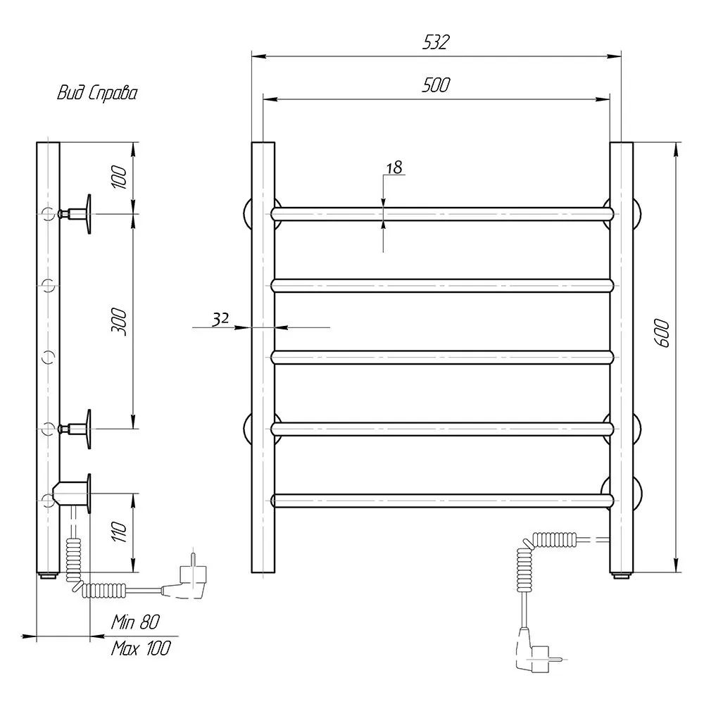 Габаритная схема Полотенцесушитель электрический Domoterm Аврора 50x60 R