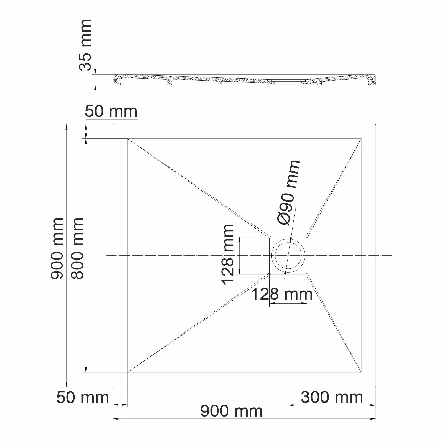 Габаритная схема Поддон для душа Wasserkraft Aller 10T03 90x90