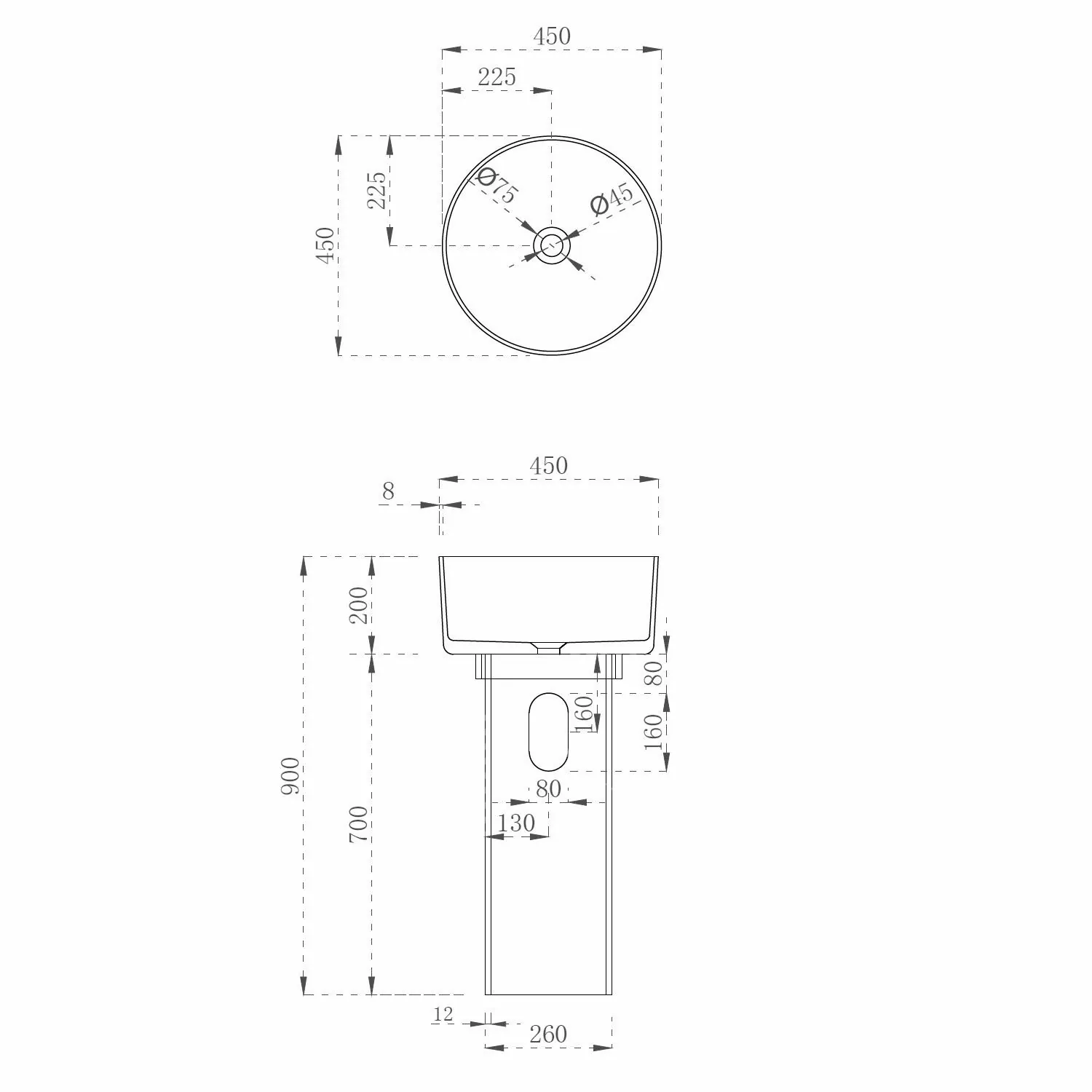 Габаритная схема Раковина Abber Kristall AT2702Vesuvian-H 45 см