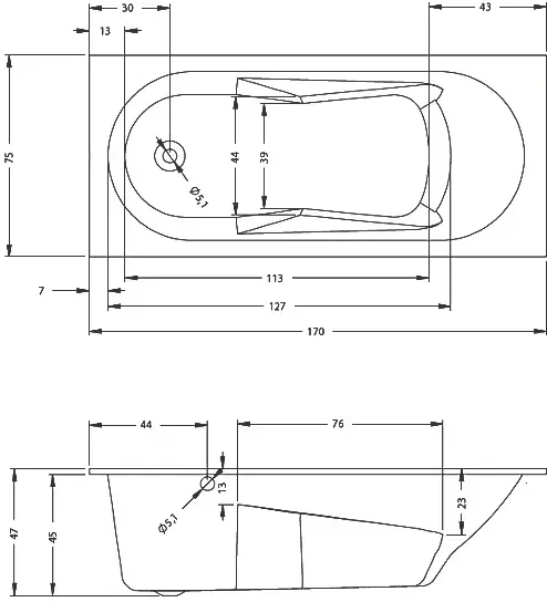 Габаритная схема Акриловая ванна Riho Bathtubs Lazy 170х75 L