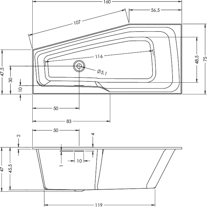 Габаритная схема Акриловая ванна Riho Rething Space 160x75 R
