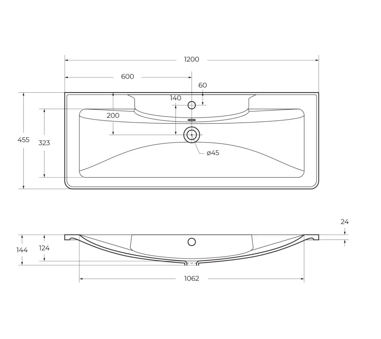 Габаритная схема Мебельная раковина BelBagno BB1200/455-LV-MR-ALR 120 см