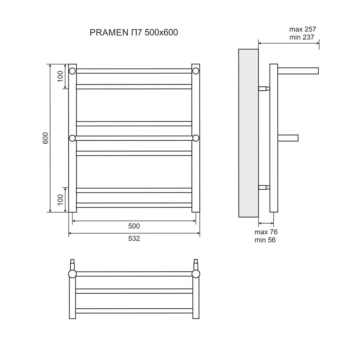 Габаритная схема Полотенцесушитель водяной Lemark Pramen П7 50x60