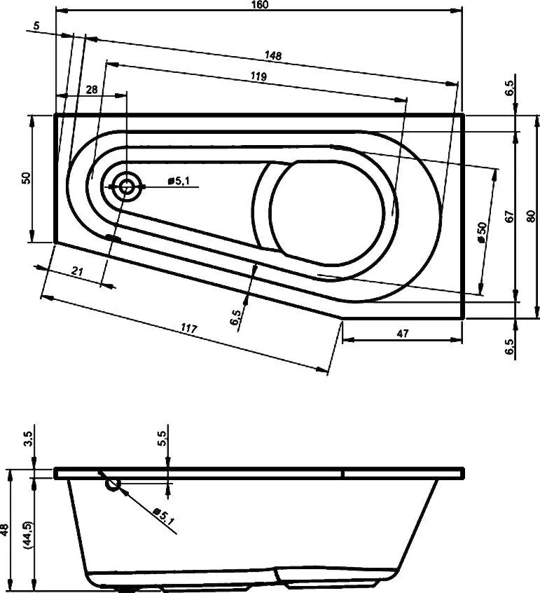 Габаритная схема Акриловая ванна Riho Delta 160x80 L