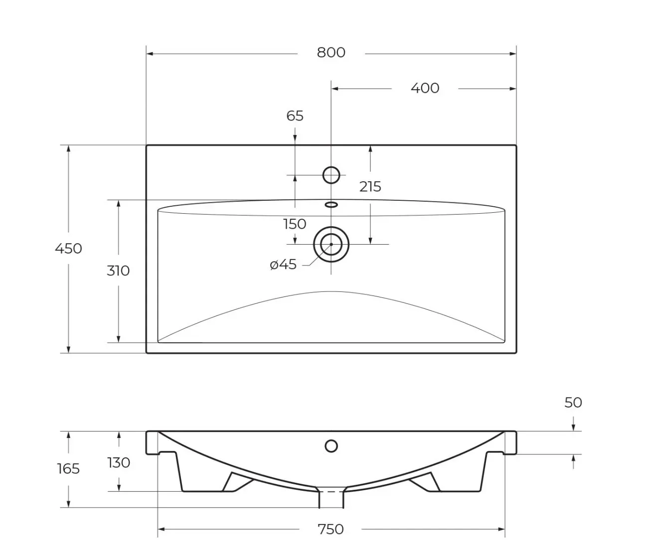 Габаритная схема Мебельная раковина BelBagno BB-0322-80-LVB 80 см