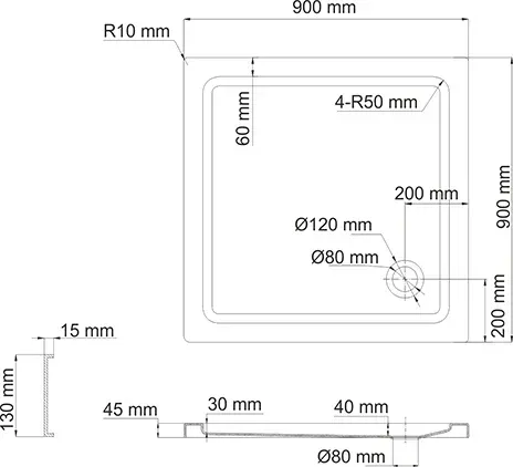 Габаритная схема Поддон для душа Wasserkraft Amper 29T03 90x90 см