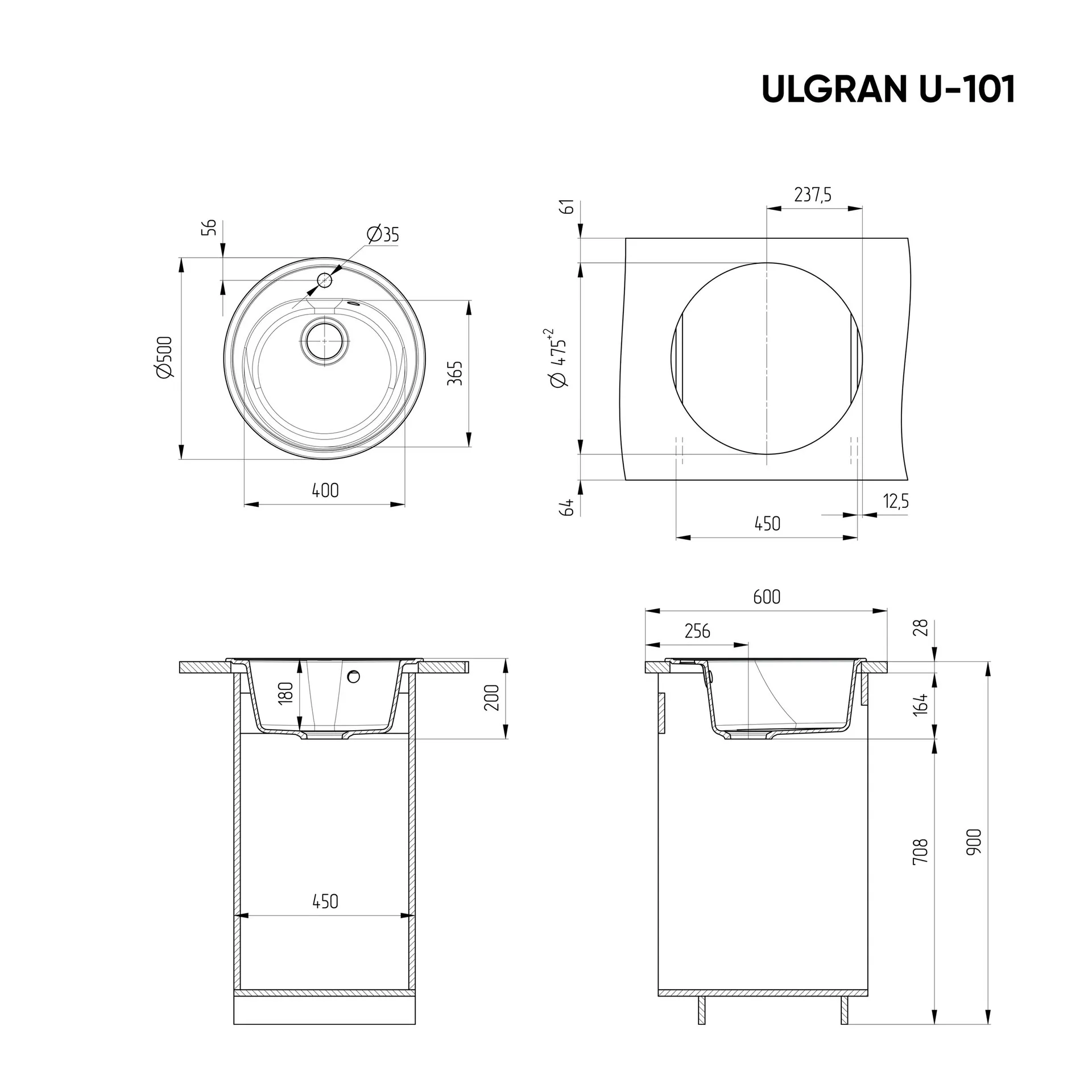 Габаритная схема Мойка кухонная Ulgran U-101-307 терракот