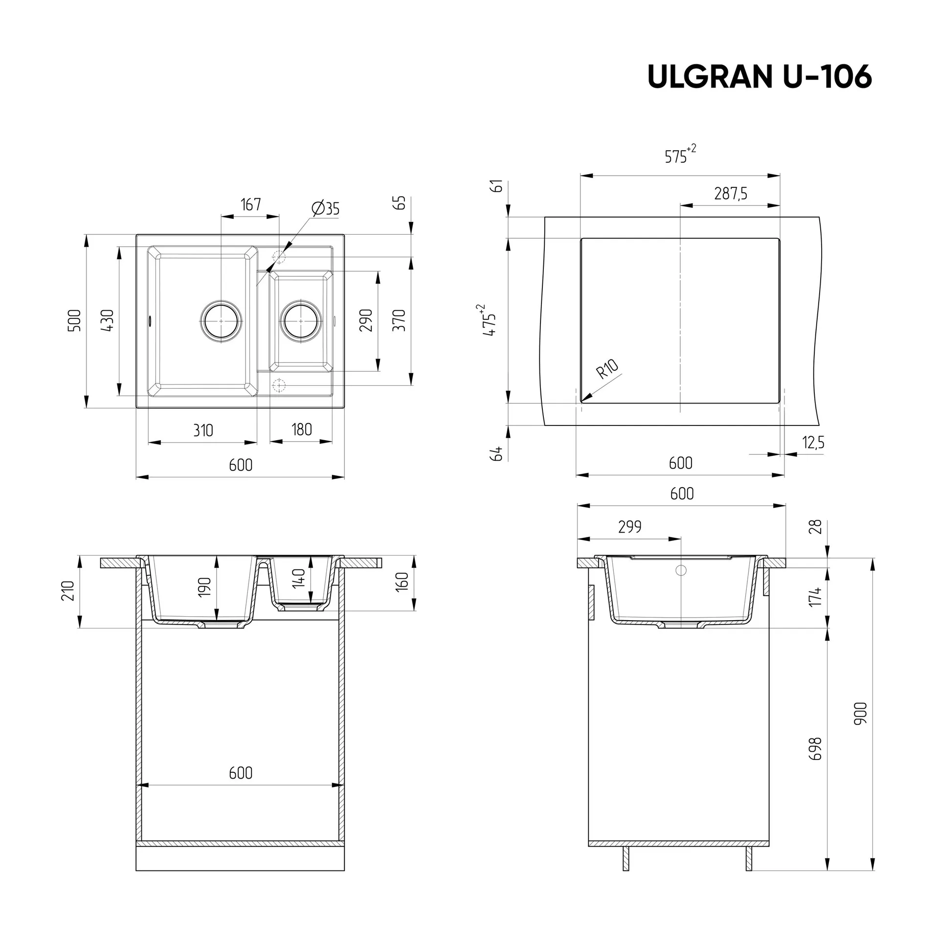 Габаритная схема Мойка кухонная Ulgran U-106-328 бежевый