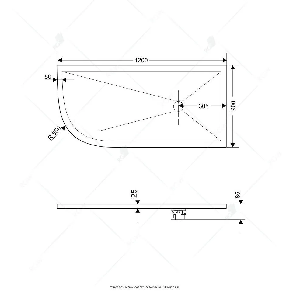 Габаритная схема Поддон для душа RGW Stone Tray ST/AR-W 120х90