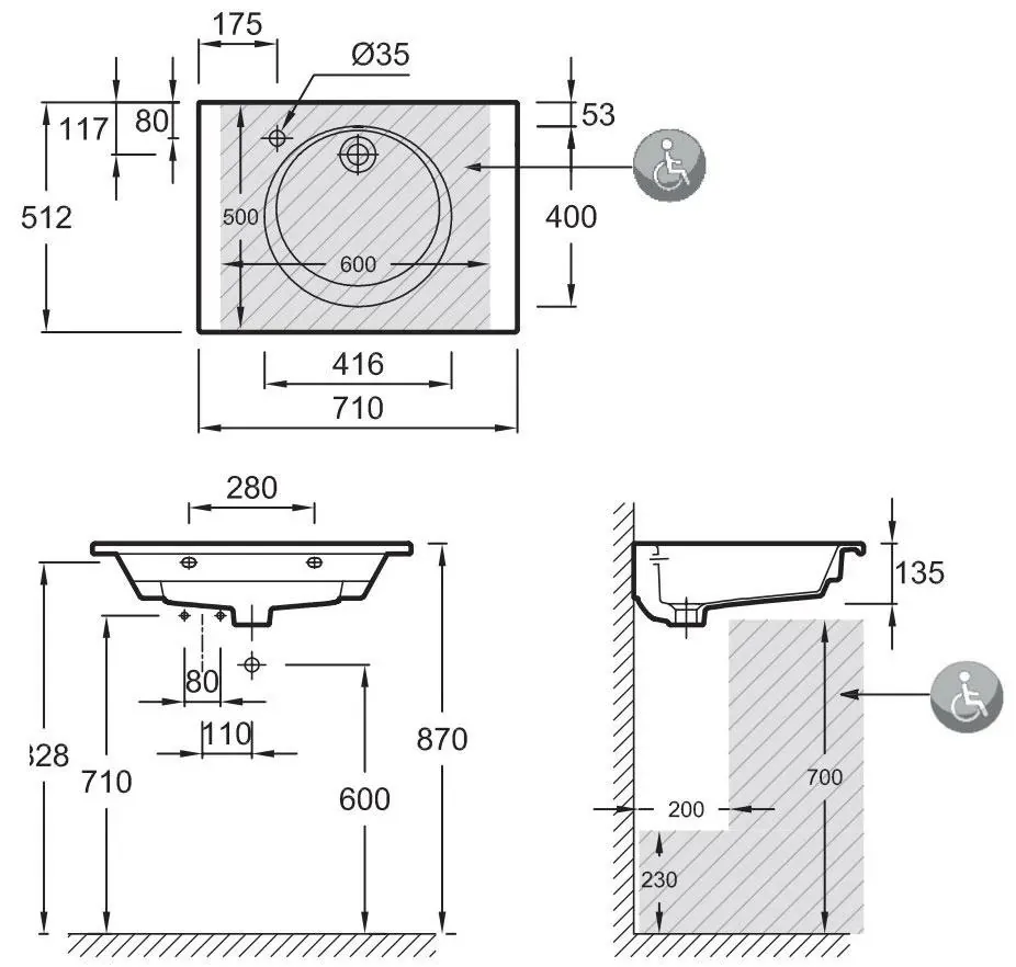 Габаритная схема Раковина Jacob Delafon Odeon Rive EXAX112-Z-00 70 см